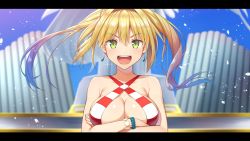 Rule 34 | 1girl, ahoge, bikini, blonde hair, blush, breasts, cleavage, commentary request, criss-cross halter, crossed arms, fate/grand order, fate (series), green eyes, hair intakes, halterneck, large breasts, letterboxed, long hair, looking at viewer, nero claudius (fate), nero claudius (fate) (all), nero claudius (swimsuit caster) (fate), open mouth, screencap, smile, solo, striped bikini, striped clothes, swimsuit, twintails, umihotaru harumare