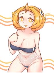 Rule 34 | 1girl, antenna hair, black legwear, blonde hair, blush, breasts, colored skin, curvy, dan-chan, gris swimsuit, hair ornament, large breasts, looking at viewer, meme attire, one-piece swimsuit, original, shiny skin, short hair, simple background, smile, solo, swimsuit, venkydraws, wet, white background, white skin, wide hips, yellow eyes