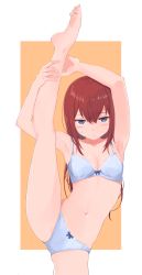 Rule 34 | 1girl, absurdres, barefoot, blue eyes, blush, bow, bow bra, bow panties, bra, breasts, closed mouth, commentary, crotch seam, feet, greek toe, hair between eyes, hand on own leg, highres, kahlua (artist), long hair, makise kurisu, midriff, navel, orange background, outside border, panties, red hair, small breasts, soles, solo, split, standing, standing on one leg, standing split, steins;gate, sweatdrop, tearing up, toes, underwear, underwear only, upturned eyes, white bra, white panties