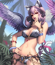 Rule 34 | 1girl, akasha (chaos online), animal ears, bangle, bikini, bracelet, breasts, card (medium), cat ears, cat tail, chaos online, cloud, contrapposto, cowboy shot, day, fingernails, hand on own hip, jewelry, lens flare, long fingernails, long hair, looking at viewer, love cacao, navel, o-ring, o-ring top, official art, outdoors, palm tree, parted lips, purple hair, red eyes, sky, solo, standing, swimsuit, tail, tree, wings