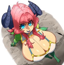 Rule 34 | 1girl, absurdres, blue eyes, blue tongue, bracelet, breasts, cleavage, colored skin, colored tongue, dragon girl, gigantic breasts, green skin, highres, horns, hors, huge breasts, jewelry, lips, looking at viewer, looking up, nina (eigaka), nuclear wasabi, pink hair, rock, scales, sitting, smile, solo