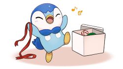 Rule 34 | blush, box, candy, candy cane, christmas, commentary request, creatures (company), closed eyes, food, game freak, gen 4 pokemon, gift, gift box, happy, leg up, musical note, nintendo, no humans, official art, open mouth, piplup, pokemon, pokemon (creature), project pochama, red ribbon, ribbon, solo, standing, standing on one leg, tongue, white background