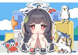 Rule 34 | 1girl, bird, black hair, blue archive, box, braid, bright pupils, cat, chestnut mouth, chibi, crab, crocs, fish, halo, highres, knees together feet apart, leaf, light blush, long hair, miyu (blue archive), miyu (swimsuit) (blue archive), outline, red eyes, seagull, shrimp, sky, solo, tearing up, twin braids, white outline, white pupils, yucha (y0104)