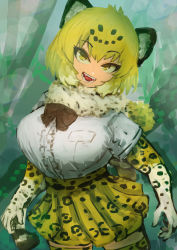 Rule 34 | 1boy, adeshi (adeshi0693119), alternate breast size, animal ears, animal print, arms at sides, black hair, blonde hair, bow, bowtie, breast pocket, breasts, colored inner hair, cowboy shot, day, dress shirt, elbow gloves, fangs, fur scarf, gloves, head tilt, high-waist skirt, highres, jaguar (kemono friends), jaguar ears, jaguar girl, jaguar print, jaguar tail, kemono friends, large breasts, looking at viewer, medium hair, miniskirt, multicolored hair, open clothes, open mouth, outdoors, pocket, print gloves, print skirt, print thighhighs, scarf, shirt, shirt tucked in, short sleeves, skirt, smile, solo, tail, tented shirt, thighhighs, tongue, tsurime, white shirt, yellow eyes, zettai ryouiki