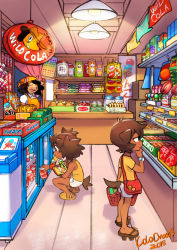 Rule 34 | 3girls, animal ears, artist name, bag, bag of chips, basket, black hair, bottle, brown hair, can, candy, child, colo (nagrolaz), convenience store, crocs, dated, dog ears, dog tail, eating, food, freezer, furry, geta, highres, indoors, mouth hold, multiple girls, original, shirt, shop, short hair, short shorts, shorts, shoulder bag, sign, squatting, tail, watch, wristwatch, yellow shirt