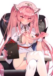 Rule 34 | 1girl, absurdres, azur lane, blush, breasts, chair, choker, cleavage, clipboard, crossed legs, dress, eyes visible through hair, feet out of frame, garter straps, gloves, hat, highres, large breasts, long hair, non-web source, nurse, nurse cap, partially unbuttoned, pen, perseus (azur lane), perseus (unfamiliar duties) (azur lane), pink eyes, pink gloves, pink hair, scan, short dress, sitting, solo, soukou makura, thighhighs, twintails, very long hair, white dress