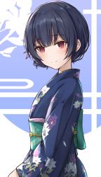 Rule 34 | 1girl, alisia0812, back bow, blue background, blue kimono, blunt bangs, blush, bow, closed mouth, floral print, from side, green bow, highres, idolmaster, idolmaster shiny colors, japanese clothes, kimono, long sleeves, looking at viewer, looking to the side, morino rinze, obi, print kimono, red eyes, sash, short hair, smile, solo, two-tone background, upper body, white background