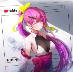 Rule 34 | 1girl, angel wings, bare shoulders, bow, breasts, closed mouth, collarbone, dana (hapong07), detached sleeves, facial mark, feathered wings, hair bow, highres, indie virtual youtuber, large breasts, long hair, long sleeves, looking at viewer, one eye closed, pink eyes, pink hair, ponytail, sideboob, smile, solo, tadano rei, underbust, upper body, very long hair, virtual youtuber, wing collar, wings, youtube