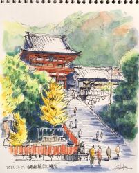 Rule 34 | 6+others, autumn leaves, building, highres, mountain, multiple others, original, painting (medium), scenery, shrine, sketch, stairs, temple, toirom pmxh, traditional media, tree