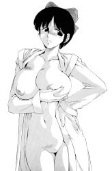Rule 34 | 1girl, age progression, alternate body size, alternate breast size, alternate hairstyle, blush, breast hold, breasts, grabbing, hair ribbon, hand on own hip, highres, large breasts, mature female, monochrome, navel, nipples, open clothes, parted lips, ribbon, rimururu, samurai spirits, short hair, snk, solo, thick thighs, thighhighs, thighs, tokisaka mugi