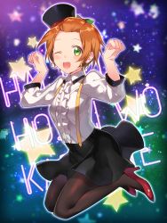Rule 34 | 1girl, black pantyhose, black skirt, earrings, frilled shirt, frills, green eyes, hat, hello hoshi wo kazoete, high heels, highres, hoop earrings, hoshizora rin, jewelry, jumping, looking at viewer, love live!, love live! school idol festival, love live! school idol project, mini hat, mini top hat, one eye closed, open mouth, orange hair, pantyhose, paw pose, popompon, red footwear, shirt, shoes, short hair, skirt, solo, star (symbol), starry background, suspenders, top hat, white shirt