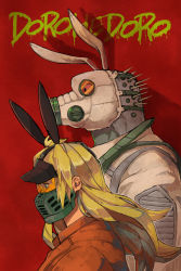 Rule 34 | 1boy, 1girl, absurdres, animal ears, blonde hair, blue eyes, caiman (dorohedoro), copyright name, dorohedoro, drgryu750, drop shadow, fake animal ears, from side, gas mask, highres, long hair, looking away, mask, mouth mask, nikaidou (dorohedoro), portrait, rabbit ears, red background, spikes, upper body