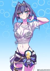 Rule 34 | 1girl, absurdres, bikini, blush, highres, hololive, hololive english, looking to the side, ouro kronii, see-through, shorts, solo, swimsuit, thigh strap, virtual youtuber, wet, wet clothes, zenox5300