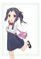 Rule 34 | 1girl, aged down, bag, black hair, blush, bow, brown eyes, child, dress, errant, food, food-themed hair ornament, fruit, hair ornament, heart, k-on!, mary janes, nakano azusa, open mouth, shoes, short hair, side ponytail, socks, solo, strawberry, strawberry hair ornament