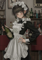 Rule 34 | 1girl, :|, absurdres, air conditioner, alcohol, apron, black hair, black nails, blunt bangs, blush, breasts, closed mouth, collared dress, commentary, cowboy shot, drawing (object), dress, english commentary, frilled apron, frills, gishiki (gshk), glasses, green eyes, hand on own hip, highres, holding, indoors, maid apron, maid headdress, medium breasts, nail polish, original, picture frame, plant, profanity, revision, short hair, solo, standing, stool, vase, vodka, waitress, wine