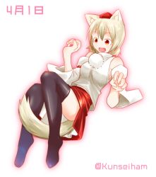 Rule 34 | 1girl, animal ears, artist name, bare shoulders, black legwear, breasts, dated, detached sleeves, fang, hat, inubashiri momiji, kunsei hamu, medium breasts, open mouth, pom pom (clothes), red eyes, short hair, silver hair, simple background, skirt, solo, tail, tokin hat, touhou, twitter username, white background, wolf ears, wolf tail