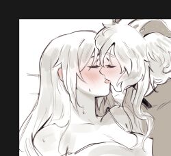 Rule 34 | 286456006, 2girls, blush, breasts, character request, cleavage, closed eyes, commentary, french kiss, ganyu (genshin impact), genshin impact, horns, kiss, large breasts, long hair, multiple girls, sweat, symbol-only commentary, yuri