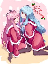 Rule 34 | 2girls, absurdres, bell, black legwear, black ribbon, blue hair, blunt bangs, blush, box, capelet, christmas tree, commentary, dress, fang, from side, fur-trimmed capelet, fur-trimmed dress, fur trim, gift, gift box, hair ribbon, highres, holly, hood, hooded capelet, kneeling, kotonoha akane, kotonoha aoi, long hair, looking at viewer, looking to the side, merry christmas, multiple girls, no shoes, open mouth, penpeke, pink background, pink eyes, pink hair, red dress, ribbon, santa dress, siblings, side-by-side, sidelocks, sisters, sitting, skin fang, smile, voiceroid, wariza