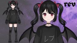 Rule 34 | 1girl, artist request, bat wings, black footwear, black hair, black sweater, boots, choker, cross, cross necklace, fangs, full body, hair ribbon, heart, heart-shaped pupils, highres, jewelry, long sleeves, necklace, official art, pointy ears, red eyes, rev says desu, ribbon, smile, sweater, symbol-shaped pupils, thighhighs, thighs, twintails, virtual youtuber, wings