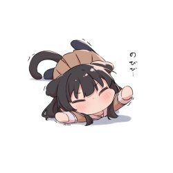 Rule 34 | 1girl, animal ears, bang dream!, black hair, blush, brown dress, cat ears, cat girl, cat tail, chibi, closed eyes, commentary request, dress, hanasakigawa school uniform, highres, long hair, long sleeves, lying, no mouth, on stomach, pleated dress, sailor collar, sailor dress, school uniform, shirokane rinko, simple background, solo, sou (kanade 3344), stretching, tail, translation request, white background, white sailor collar