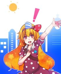Rule 34 | !, 1girl, alternate costume, bad id, bad twitter id, bag, blonde hair, bow, clownpiece, collared shirt, contemporary, dress, hair bow, looking at viewer, open mouth, outstretched arm, polka dot, polka dot dress, puffy short sleeves, puffy sleeves, red eyes, shirt, short sleeves, solo, star (symbol), striped, sun, teeth, touhou, waving