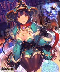Rule 34 | 10s, 1girl, black hair, braid, breasts, cleavage, hat, jewelry, kanjy00u, large breasts, long hair, looking at viewer, necklace, original, pantyhose, red eyes, scarf, shingeki no bahamut, single braid, smile, solo, staff, witch hat