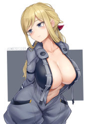 Rule 34 | 1girl, absurdres, alice gear aegis, aomoro, arms behind back, artist name, blonde hair, blush, bodysuit, border, breasts, center opening, cleavage, closed mouth, collarbone, commentary, cowboy shot, dated, dated commentary, grey background, grey bodysuit, grey eyes, highres, large breasts, long hair, looking away, navel, open bodysuit, open clothes, rita henschel, sidelocks, simple background, solo, standing, swept bangs, white border