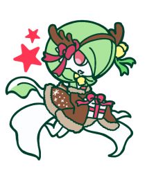 Rule 34 | 1girl, antlers, bell, bow, brown coat, chibi, christmas, clothed pokemon, coat, colored skin, creatures (company), fake antlers, female focus, full body, fur trim, game freak, gardevoir, gen 3 pokemon, gift, green hair, green skin, hair over one eye, hairband, happy, holding, horns, muguet, multicolored skin, nintendo, off shoulder, open mouth, pokemon, pokemon (creature), red bow, red eyes, red ribbon, ribbon, short hair, simple background, sleeves past fingers, sleeves past wrists, smile, solo, two-tone skin, white background, white skin