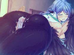 Rule 34 | 1boy, 1girl, ass, ass focus, blue hair, blush, breasts, bubuzuke, buttjob, censored, cum, cum on ass, cum on body, cum on lower body, closed eyes, game cg, grinding, harpy, hetero, indoors, mamono musume-tachi to no rakuen ~kumo to tori to hitotsume to~, monster girl, panties, penis, penis under another&#039;s clothes, precum, pussy, thigh sex, thighs, underwear, wings
