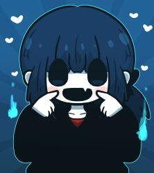 Rule 34 | 1girl, :d, black eyes, black hoodie, blue background, blue hair, blush, collarbone, commentary, english commentary, fang, fingers to cheeks, hands up, heart, highres, hitodama, hood, hood down, hoodie, long sleeves, looking at viewer, open mouth, original, red shirt, shirt, smile, solo, sunburst, sunburst background, uni souchou, upper body