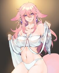 Rule 34 | 1girl, animal ears, bare shoulders, bow, breasts, brown background, cleavage, commentary request, cowboy shot, crop top, fox ears, fox tail, genshin impact, highres, long hair, looking at viewer, medium breasts, midriff, navel, octoboo, off-shoulder shirt, off shoulder, panties, parted lips, pink hair, purple eyes, shirt, shirt bow, smile, solo, stomach, tail, underwear, very long hair, white bow, white panties, white shirt, yae miko