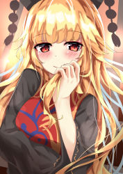 Rule 34 | 1girl, black dress, black hat, blonde hair, blush, breasts, closed mouth, commentary request, dress, hand in own hair, hand to own mouth, hat, junko (touhou), kaeranu kaeru, large breasts, long hair, long sleeves, looking at viewer, pom pom (clothes), red eyes, sidelocks, smile, solo, tabard, tassel, touhou, upper body, wide sleeves