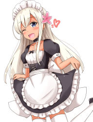 Rule 34 | 1girl, ;d, aikawa ryou, alternate costume, apron, blonde hair, blue eyes, blush, bow, bowtie, choker, commentary request, dark-skinned female, dark skin, enmaided, flower, hair flower, hair ornament, heart, highres, kantai collection, maid, one eye closed, open mouth, ro-500 (kancolle), simple background, smile, solo, standing, tan, thighhighs, white background, white thighhighs
