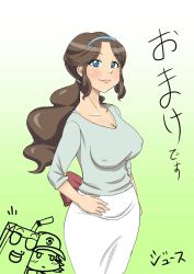 Rule 34 | 1girl, blue eyes, blush, breasts, brown hair, cleavage, collarbone, covered erect nipples, creatures (company), game freak, hairband, hand on own hip, hat, highres, hilbert (pokemon), junajuice, large breasts, long hair, long skirt, looking at viewer, mature female, mother (pokemon), nintendo, pokemon, pokemon bw, simple background, skirt, smile, standing, unova mother (bw)