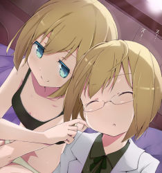 Rule 34 | 2girls, bad id, bad pixiv id, blonde hair, blue eyes, closed eyes, erica hartmann, glasses, jpeg artifacts, lab coat, multiple girls, open mouth, panties, sanagarah, short hair, siblings, sisters, sleeping, smile, strike witches, strike witches: suomus misfits squadron, twins, underwear, ursula hartmann, white panties, world witches series