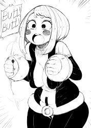 Rule 34 | 1girl, :o, absurdres, belly, belt, blush stickers, bodysuit, boku no hero academia, breasts, clenched hands, coffing, covered erect nipples, cowboy shot, dutheg123, emphasis lines, english text, eyebrows, eyelashes, greyscale, hands up, hanging breasts, highres, huge nipples, leaning forward, medium breasts, medium hair, monochrome, motion lines, muffin top, nail polish, open mouth, plump, short eyebrows, shouting, sidelocks, simple background, skin tight, solid eyes, solo, standing, swept bangs, teeth, thick eyebrows, upper teeth only, uraraka ochako, white background, wide hips