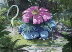 Rule 34 | blurry, claws, closed mouth, commentary request, creatures (company), day, fangs, full body, game freak, gen 1 pokemon, highres, leaf, nintendo, no humans, outdoors, plant, pokemon, pokemon (creature), smile, solo, standing, tree, uninori, venusaur, vines, water drop