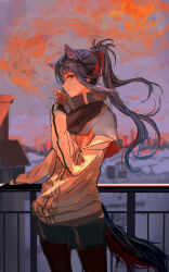 Rule 34 | 1girl, absurdres, animal ear fluff, animal ears, arknights, blue hair, capelet, cigarette, cowboy shot, extra ears, fingerless gloves, floating hair, gloves, hand on railing, hand up, highres, holding, holding cigarette, kasumi yuzuha, long hair, long sleeves, looking at viewer, pantyhose, red eyes, shorts, sidelocks, smoke, smoking, solo, tail, texas (arknights), wolf ears, wolf girl, wolf tail
