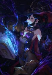 Rule 34 | 1girl, absurdres, bare shoulders, black hair, blue eyes, blue leotard, bodystocking, book, breasts, candle, casting spell, detached sleeves, earrings, energy, fire, genshin impact, gloves, gold trim, hat, hat ornament, highleg, highleg leotard, highres, illu zn, indoors, jewelry, leotard, magic, mona (genshin impact), open mouth, pantyhose, purple gloves, purple hat, small breasts, solo, sparkle print, twintails, witch hat