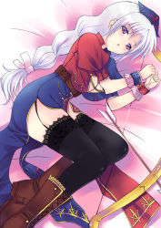 Rule 34 | 1girl, adapted costume, arrow (projectile), bed, black thighhighs, blush, boots, bow (weapon), braid, breasts, chain, cleavage, female focus, garter straps, hair ribbon, hat, long hair, lying, panbai, purple eyes, ribbon, silver hair, solo, thighhighs, touhou, weapon, wrist cuffs, yagokoro eirin