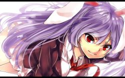 Rule 34 | 1girl, animal ears, blazer, grin, jacket, letterboxed, long hair, md5 mismatch, necktie, purple hair, rabbit ears, red eyes, red necktie, reisen udongein inaba, resized, skirt, smile, solo, touhou, yuhito (ablbex)