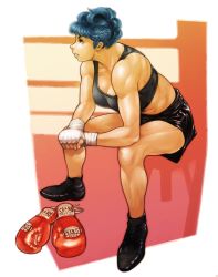 Rule 34 | 1girl, bandages, blue eyes, blue hair, boxer, boxing gloves, braid, breasts, cleavage, female focus, highres, matching hair/eyes, md5 mismatch, muscular, muscular female, original, resolution mismatch, shoes, short hair, shorts, sitting, solo, sports bra, vigwer