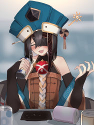 Rule 34 | 1girl, beer can, black hair, blush, bridal gauntlets, can, chalos, closed eyes, detached sleeves, drink can, drunk, elbows on table, empty plate, fate/grand order, fate (series), hair over one eye, hat, highres, mole, mole under eye, squeans, xu fu (fate)