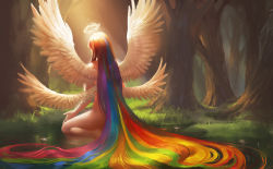 Rule 34 | 1girl, absurdly long hair, angel, feathered wings, flower, forest, from behind, glowing, grass, halo, highres, long hair, multicolored hair, multiple wings, nature, nude, original, outdoors, rainbow hair, sakimichan, solo, squatting, sunlight, tree, very long hair, water, watermark, web address, wings