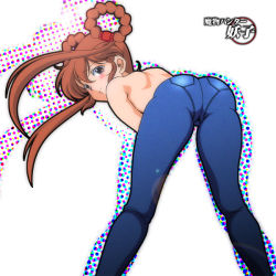 Rule 34 | 1990s (style), 1girl, ass, bent over, blush, brown hair, denim, from behind, green eyes, hair rings, jeans, long hair, looking at viewer, mamono hunter youko, mano youko, pants, skin tight, solo, tomboy, topless