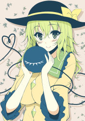Rule 34 | 1girl, alternate breast size, alternate hair length, alternate hairstyle, black hat, blush, bow, breasts, collar, floral background, frilled collar, frilled shirt collar, frills, green eyes, green hair, hair between eyes, hat, hat bow, heart, holding, komeiji koishi, kusano (torisukerabasu), large breasts, looking at viewer, matching hair/eyes, shirt, simple background, smile, solo, third eye, touhou, upper body, yellow bow