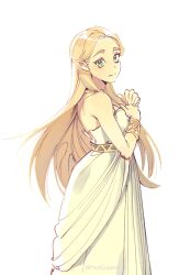 1girl backlighting bare_shoulders blonde_hair bracelet closed_mouth commentary_request dress green_eyes jewelry korean_commentary long_hair looking_at_viewer nintendo official_alternate_costume penguyeon pointy_ears princess_zelda simple_background smile solo strapless strapless_dress the_legend_of_zelda the_legend_of_zelda:_breath_of_the_wild thick_eyebrows triforce_print twitter_username very_long_hair white_background white_dress