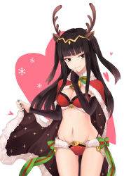 Rule 34 | 1girl, absurdres, bikini, black hair, breasts, brown eyes, cape, christmas, fire emblem, fire emblem awakening, fire emblem heroes, hand to own mouth, highres, horns, lishu jun, medium breasts, navel, nintendo, simple background, smile, solo, swimsuit, tharja (fire emblem), tharja (winter) (fire emblem), tiara, two side up, white background