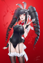 Rule 34 | 1girl, absurdres, ace (playing card), ace of clubs, ace of diamonds, ace of hearts, ace of spades, animal ear hairband, animal ears, bare arms, bare shoulders, black hair, black leotard, black nails, bow, bowtie, breasts, brown thighhighs, card, celestia ludenberg, club (shape), commentary request, danganronpa: trigger happy havoc, danganronpa (series), detached collar, diamond (shape), drill hair, fake animal ears, frills, garter straps, hairband, hand up, heart, highleg, highleg leotard, highres, leotard, long hair, looking at viewer, medium breasts, nail polish, ohisashiburi, open mouth, playboy bunny, playing card, rabbit ear hairband, rabbit ears, rabbit tail, red background, red eyes, sidelocks, signature, skirt, solo, spade (shape), standing, strapless, strapless leotard, tail, thighhighs, thighs, twin drills, twintails, very long hair