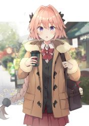 Rule 34 | 1boy, astolfo (fate), bag, black bow, black jacket, blush, bow, braid, brown coat, coat, coffee, coffee cup, commentary request, cup, disposable cup, fang, fate/apocrypha, fate (series), fur coat, fur trim, hair intakes, highres, hippogriff, jacket, kusumoto touka, long braid, looking at viewer, male focus, messenger bag, multicolored hair, open mouth, pink hair, purple eyes, red bow, red skirt, shirt, shoulder bag, single braid, skirt, solo, streaked hair, trap, white shirt